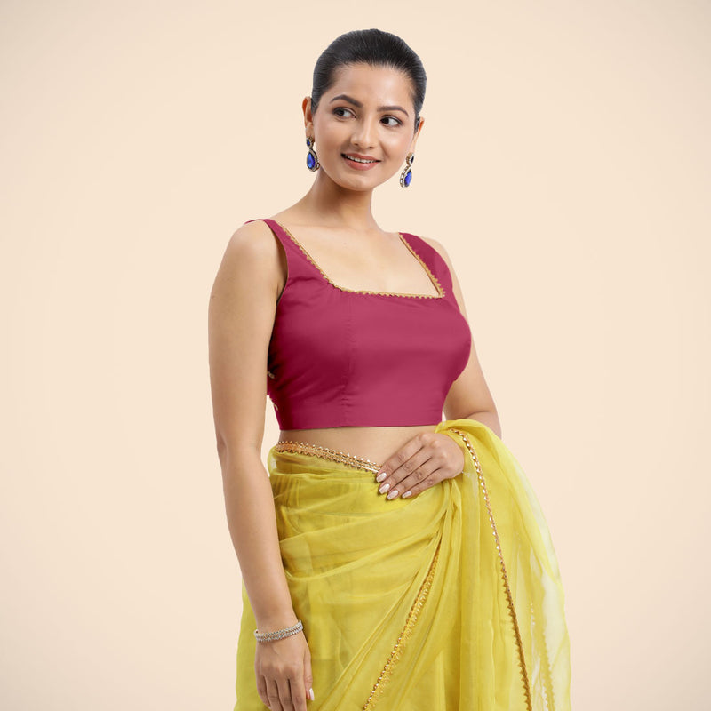 Zeba x Tyohaar | Rani Pink Sleeveless FlexiFit™ Saree Blouse with Square Neck with Golden Gota Lace and Deep Back-Binks