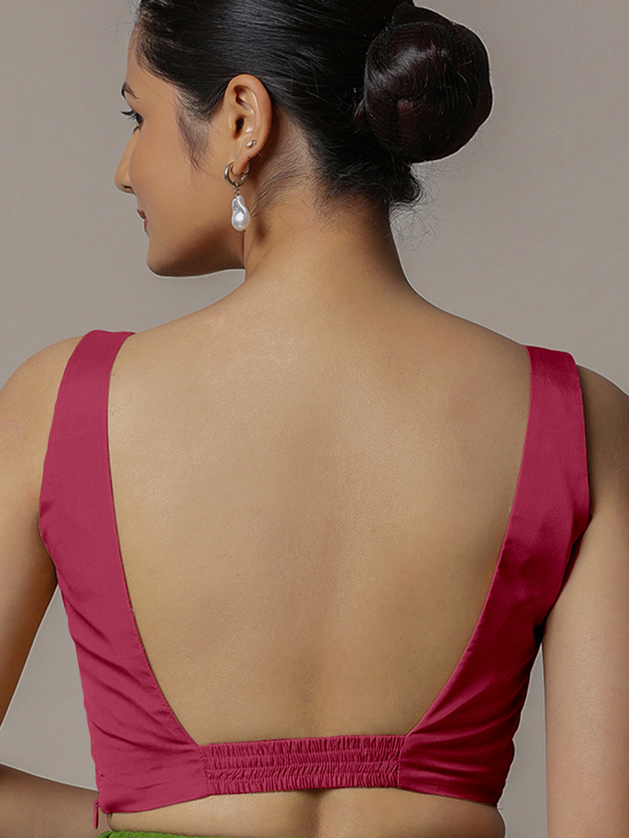 Zeba x Rozaana Saree Blouse, in Pink Vegan Silk, featuring sleeveless and square neckline, made for party & festive (view 2).