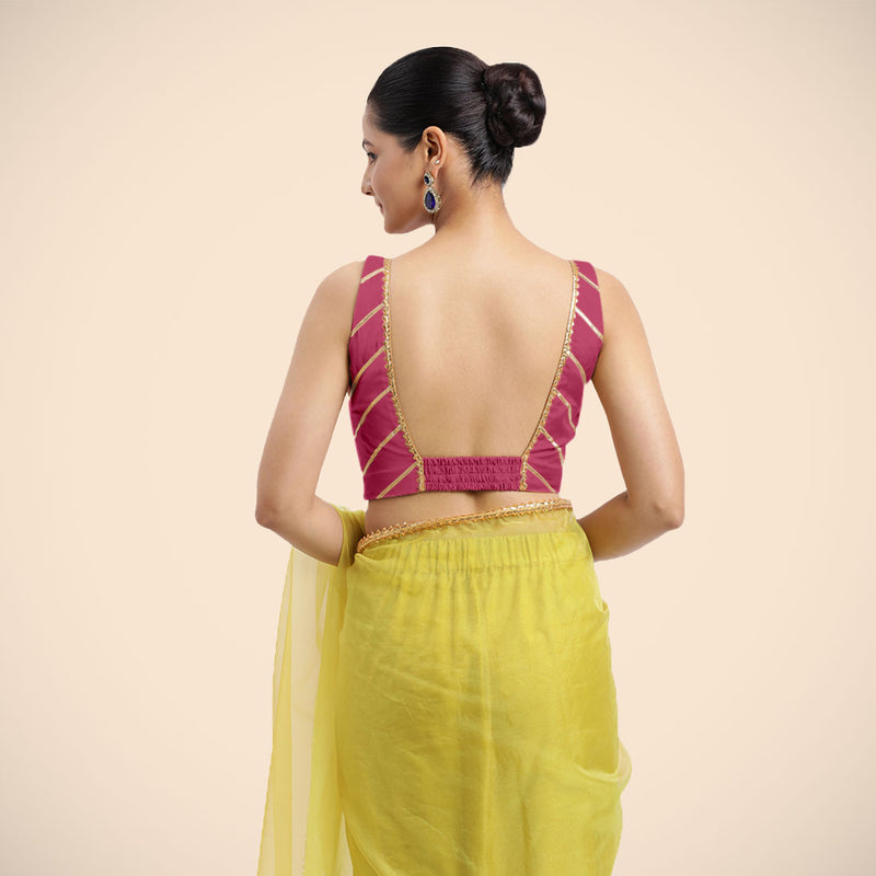 Zeba x Tyohaar | Rani Pink Sleeveless FlexiFit™ Saree Blouse with Square Neck with Golden Gota Lace and Deep Back-Binks