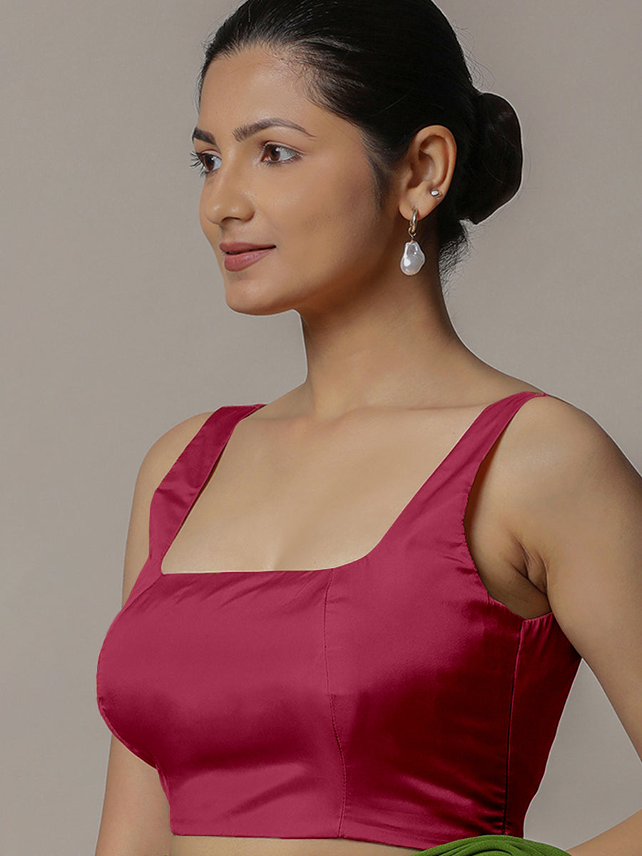 Zeba x Rozaana Saree Blouse, in Pink Vegan Silk, featuring sleeveless and square neckline, made for party & festive (view 7).