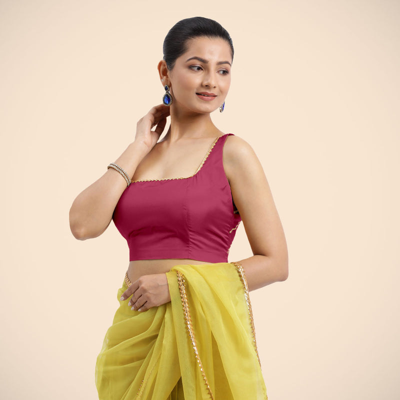 Zeba x Tyohaar | Rani Pink Sleeveless FlexiFit™ Saree Blouse with Square Neck with Golden Gota Lace and Deep Back-Binks