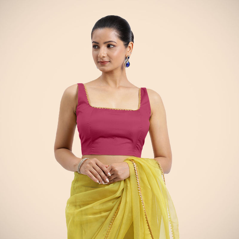 Zeba x Tyohaar | Rani Pink Sleeveless FlexiFit™ Saree Blouse with Square Neck with Golden Gota Lace and Deep Back-Binks