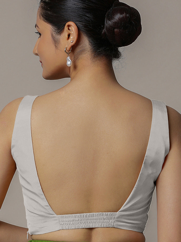 Zeba x Rozaana Saree Blouse, in Silver Vegan Silk, featuring sleeveless and square neckline, made for party & festive (view 2).
