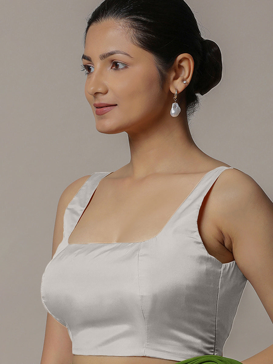 Zeba x Rozaana Saree Blouse, in Silver Vegan Silk, featuring sleeveless and square neckline, made for party & festive (view 5).