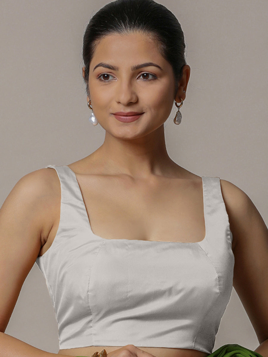 Zeba x Rozaana Saree Blouse, in Silver Vegan Silk, featuring sleeveless and square neckline, made for party & festive (view 7).