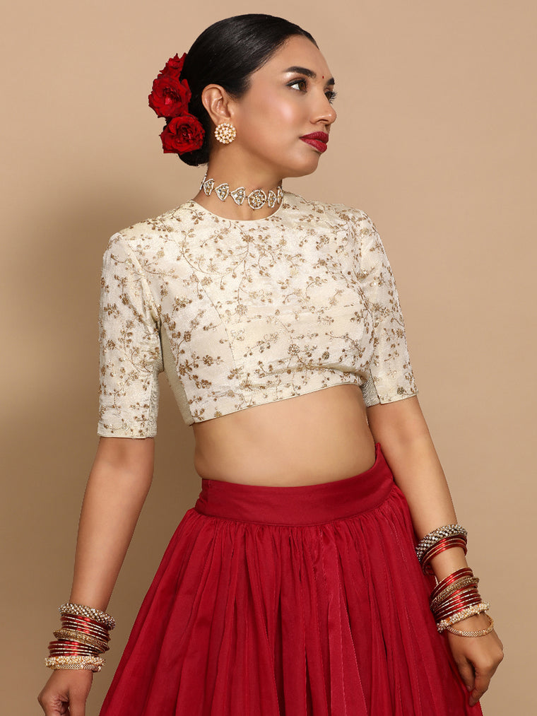 Zeelaf x Tyohaar Saree Blouse, in Cream Embroidery & Brocade, featuring elbow sleeves and jewel neckline.