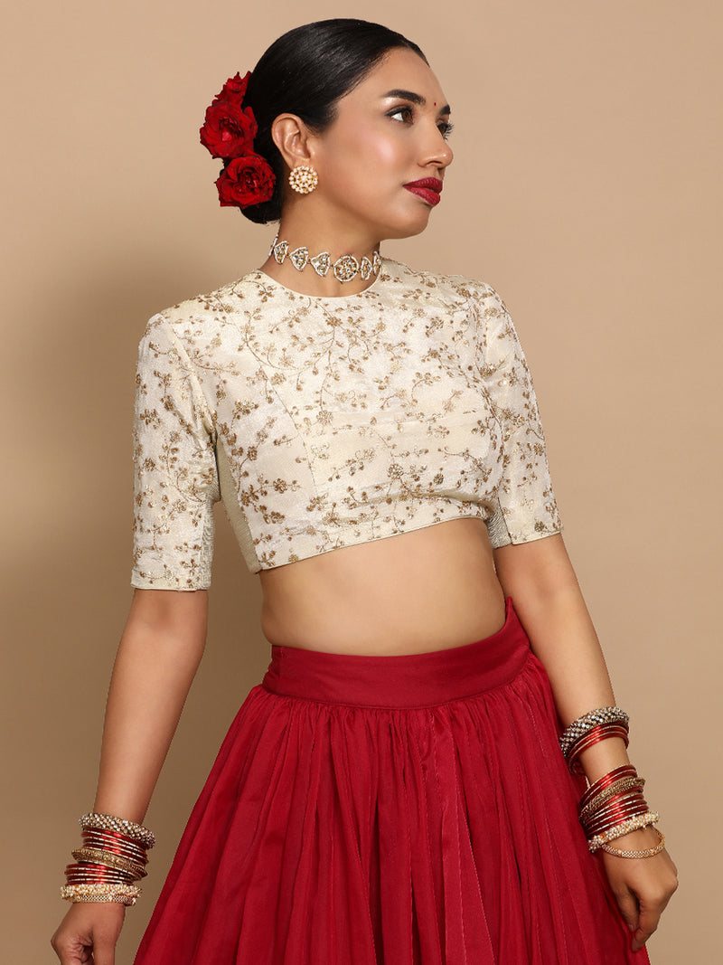 Zeelaf x Tyohaar | Elbow Sleeves Satin Viscose Saree Blouse in Gold Vine Embroidery on Cream Tissue Fabric-Binks