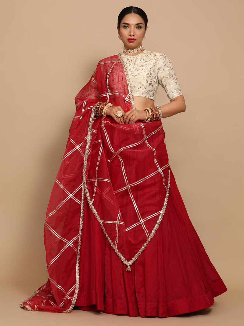 Zeelaf x Tyohaar | Elbow Sleeves Satin Viscose Saree Blouse in Gold Vine Embroidery on Cream Tissue Fabric-Binks