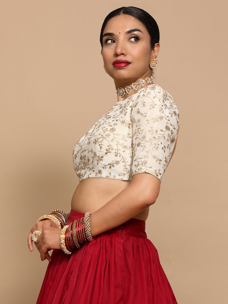 Zeelaf x Tyohaar | Elbow Sleeves Satin Viscose Saree Blouse in Gold Vine Embroidery on Cream Tissue Fabric-Binks