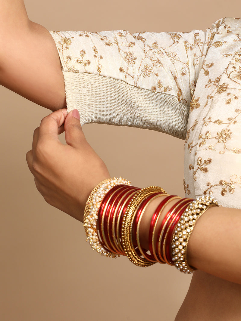 Zeelaf x Tyohaar | Elbow Sleeves Satin Viscose Saree Blouse in Gold Vine Embroidery on Cream Tissue Fabric-Binks