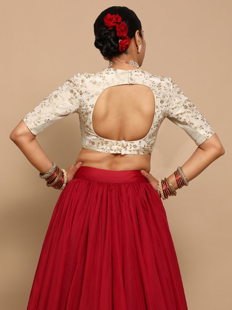 Zeelaf x Tyohaar | Elbow Sleeves Satin Viscose Saree Blouse in Gold Vine Embroidery on Cream Tissue Fabric-Binks