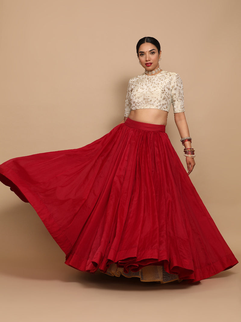 Zeelaf x Tyohaar | Elbow Sleeves Satin Viscose Saree Blouse in Gold Vine Embroidery on Cream Tissue Fabric-Binks