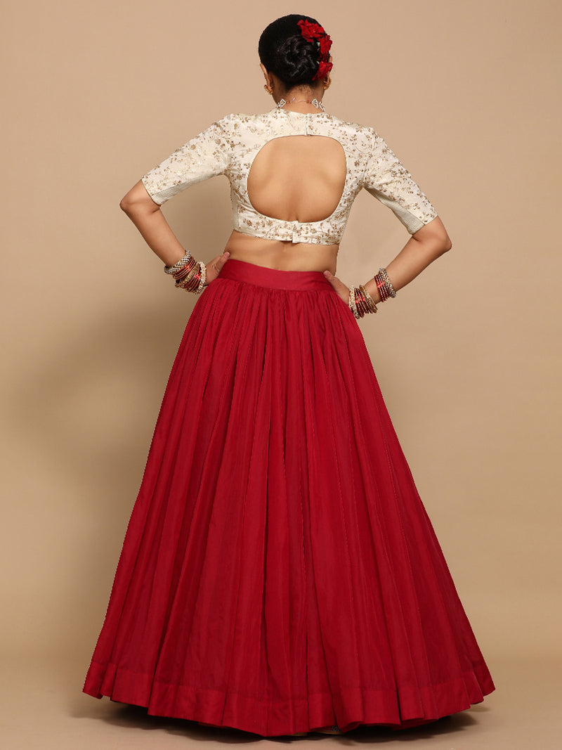 Zeelaf x Tyohaar | Elbow Sleeves Satin Viscose Saree Blouse in Gold Vine Embroidery on Cream Tissue Fabric-Binks