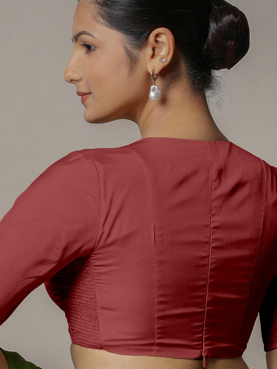 Zeenat x Rozaana Saree Blouse, in Red Vegan Silk, featuring elbow sleeves and v-neckline, made for party & festive (view 2).