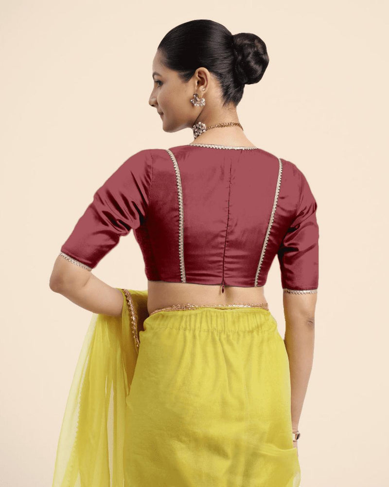 Zeenat x Tyohaar | Auburn Red Saree Blouse w/ FlexiFit™ and Golden Gota Lace-Binks