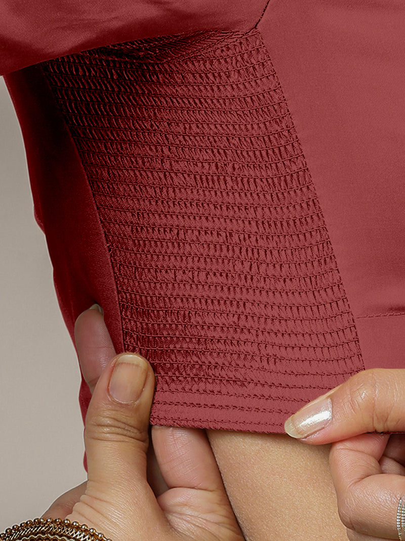 Zeenat x Rozaana | Auburn Red Elbow Sleeves FlexiFit™ Saree Blouse with Plunging Neckline-Binks