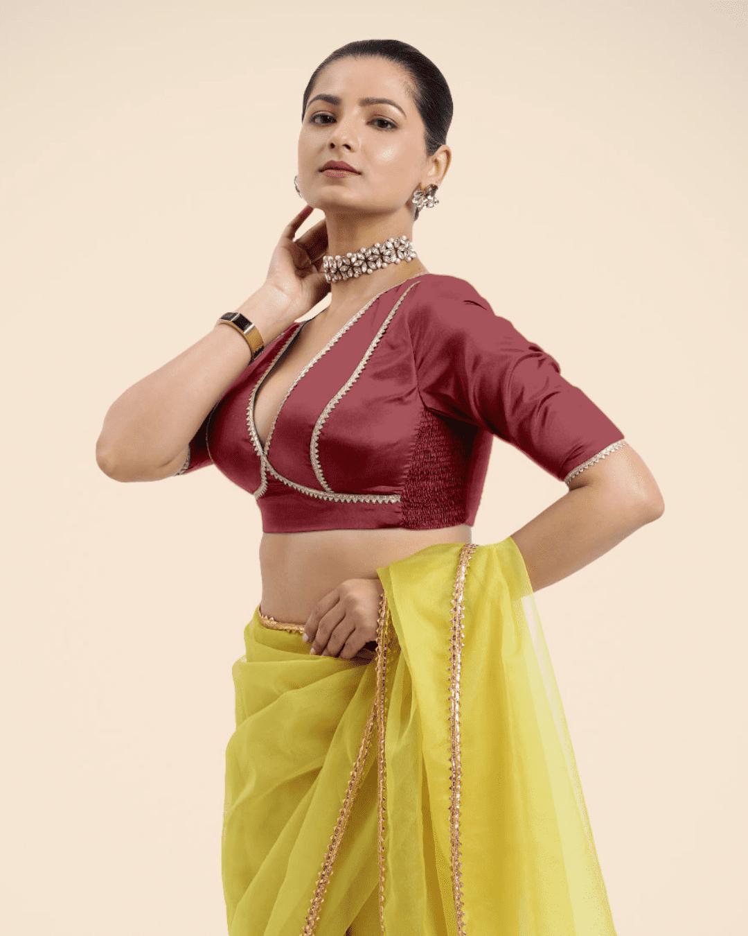 Zeenat x Tyohaar Saree Blouse, in Red Vegan Silk, featuring elbow sleeves and v-neckline, made for party & festive (view 3).