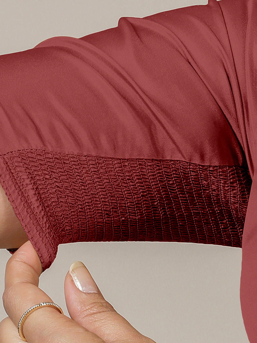 Zeenat x Rozaana Saree Blouse, in Red Vegan Silk, featuring elbow sleeves and v-neckline, made for party & festive (view 4).