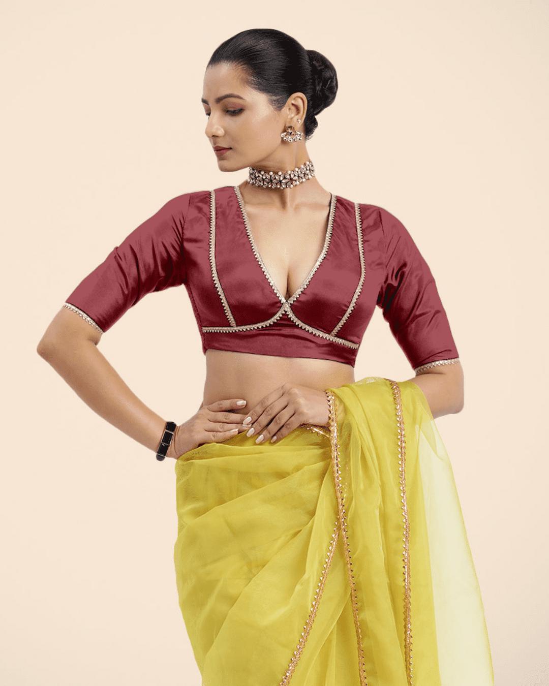Zeenat x Tyohaar Saree Blouse, in Red Vegan Silk, featuring elbow sleeves and v-neckline, made for party & festive (view 6).