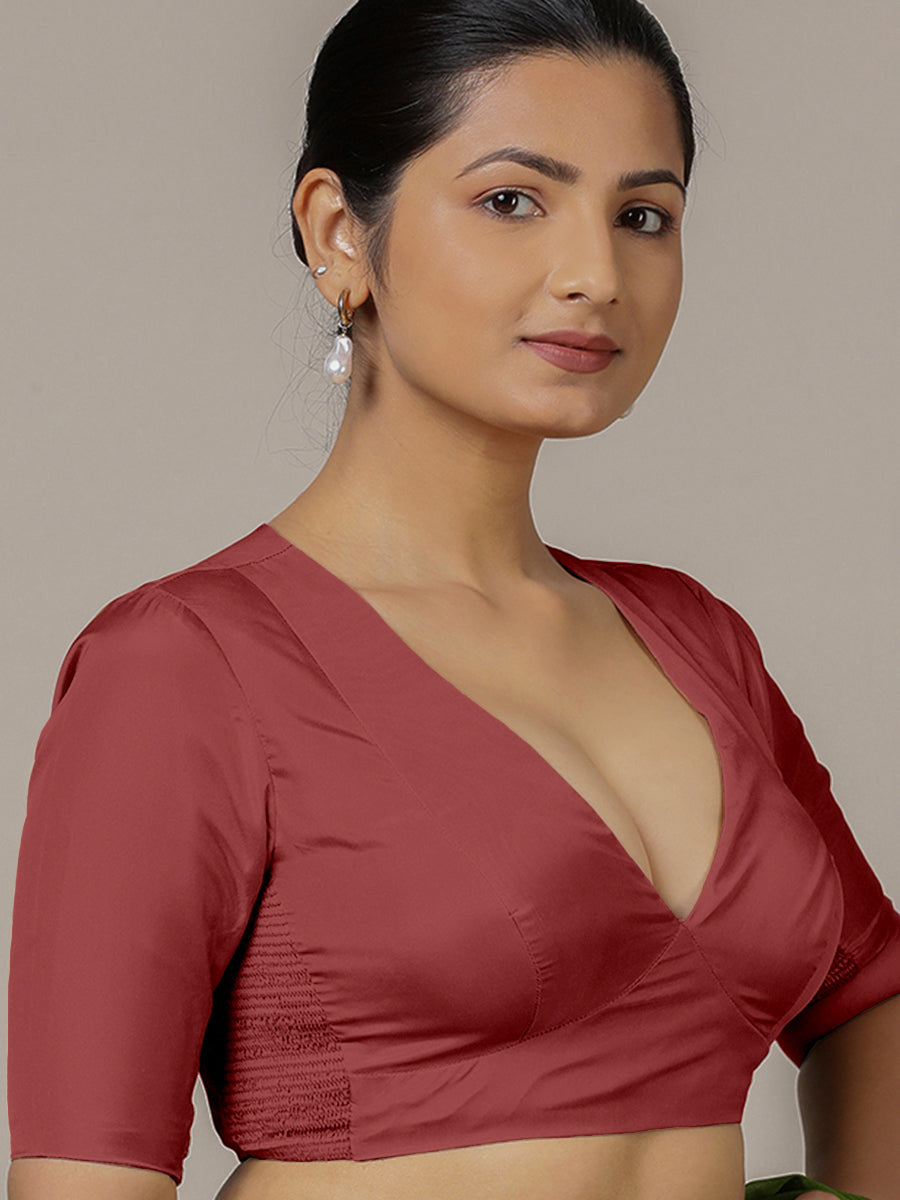 Zeenat x Rozaana Saree Blouse, in Red Vegan Silk, featuring elbow sleeves and v-neckline, made for party & festive (view 8).
