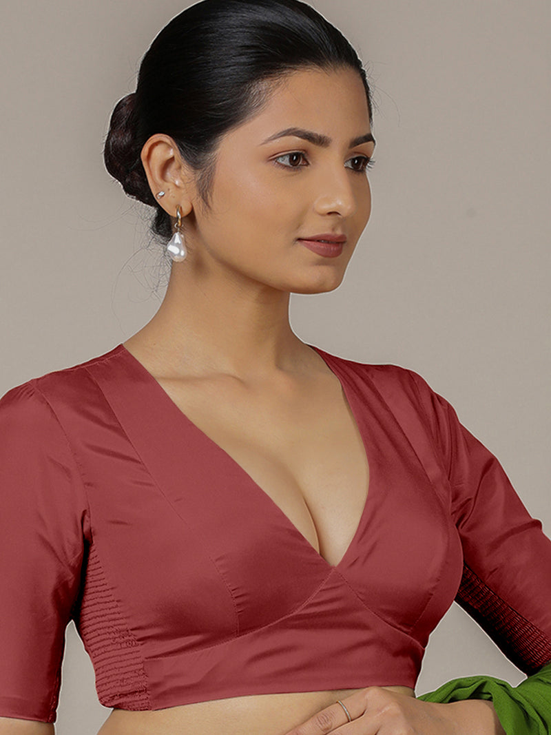 Zeenat x Rozaana | Auburn Red Elbow Sleeves FlexiFit™ Saree Blouse with Plunging Neckline-Binks