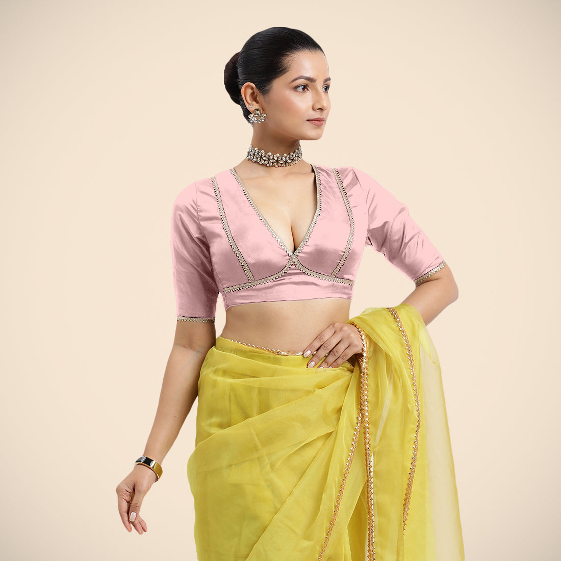 Zeenat x Tyohaar Saree Blouse, in Pink Vegan Silk, featuring elbow sleeves and v-neckline, made for party & festive.