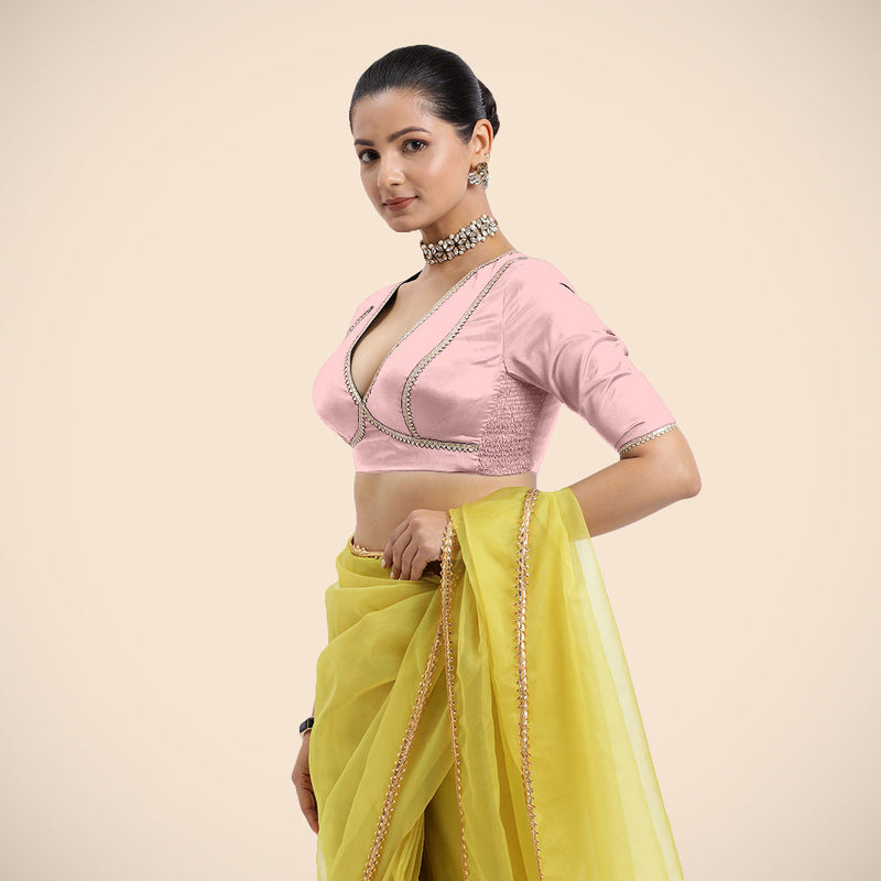 Zeenat x Tyohaar | Elbow Sleeves Baby Pink FlexiFit™ Gota Embellished Saree Blouse with V-Neck-Binks