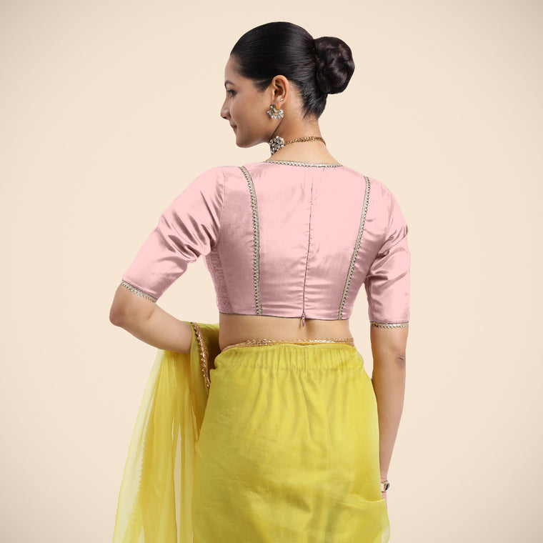 Zeenat x Tyohaar Saree Blouse, in Pink Vegan Silk, featuring elbow sleeves and v-neckline, made for party & festive (view 2).
