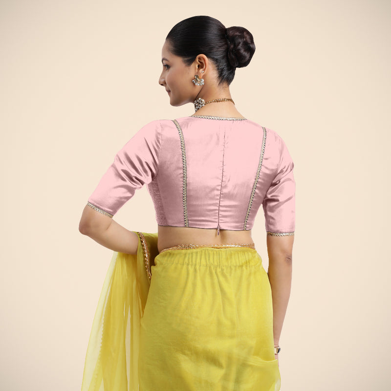 Zeenat x Tyohaar | Elbow Sleeves Baby Pink FlexiFit™ Gota Embellished Saree Blouse with V-Neck-Binks