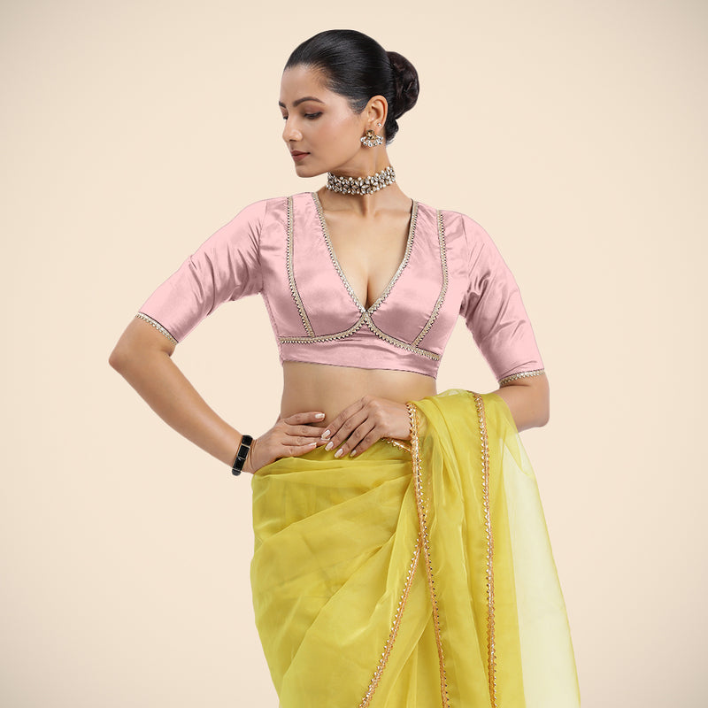 Zeenat x Tyohaar | Elbow Sleeves Baby Pink FlexiFit™ Gota Embellished Saree Blouse with V-Neck-Binks