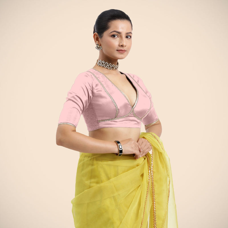 Zeenat x Tyohaar | Elbow Sleeves Baby Pink FlexiFit™ Gota Embellished Saree Blouse with V-Neck-Binks