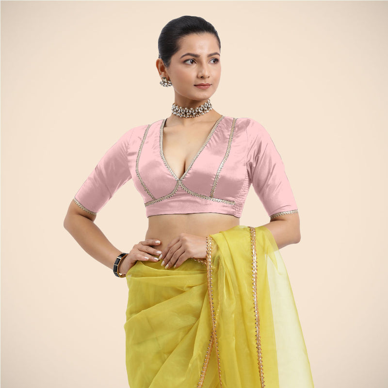 Zeenat x Tyohaar | Elbow Sleeves Baby Pink FlexiFit™ Gota Embellished Saree Blouse with V-Neck-Binks