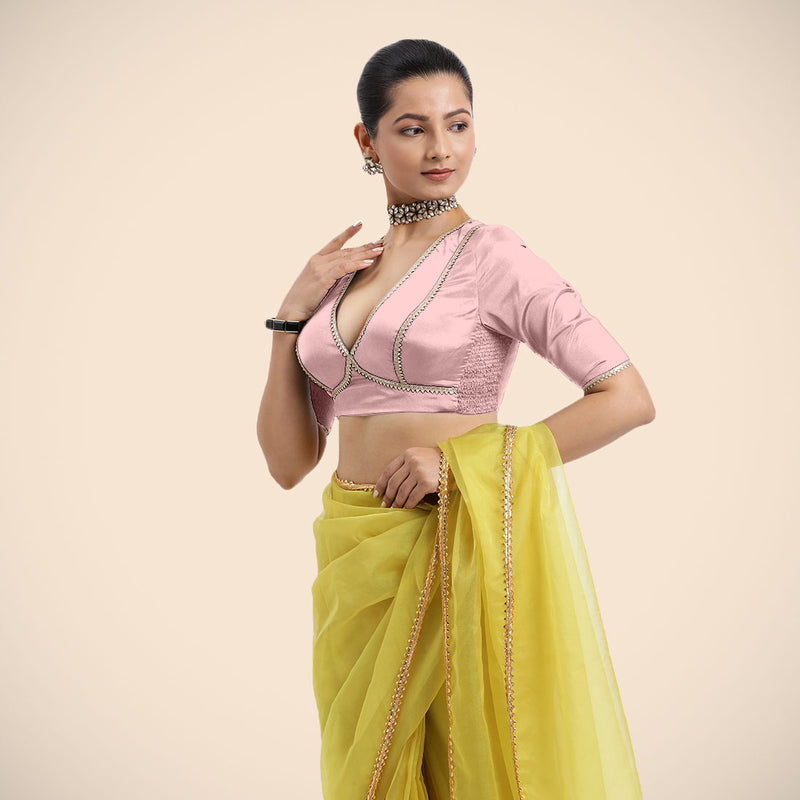 Zeenat x Tyohaar | Elbow Sleeves Baby Pink FlexiFit™ Gota Embellished Saree Blouse with V-Neck-Binks