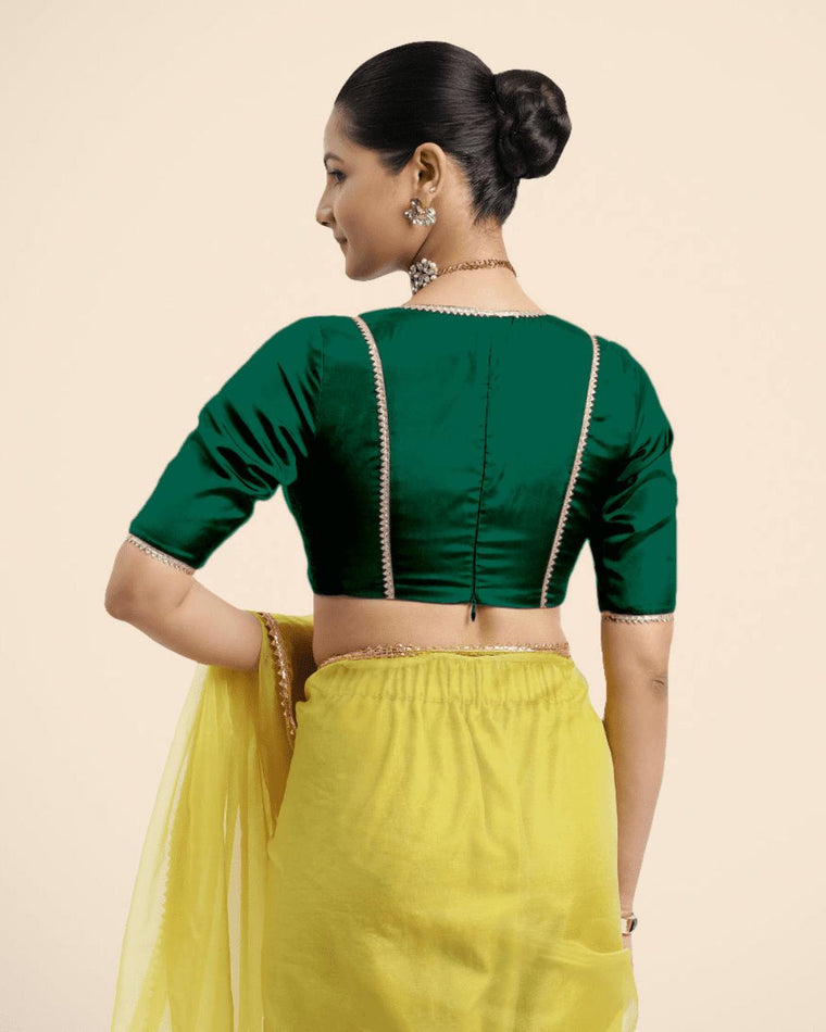 Zeenat x Tyohaar Saree Blouse, in Green Vegan Silk, featuring elbow sleeves and v-neckline, made for party & festive (view 2).