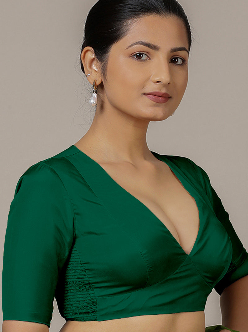 Zeenat x Rozaana | Bottle Green Elbow Sleeves FlexiFit™ Saree Blouse with Plunging Neckline-Binks