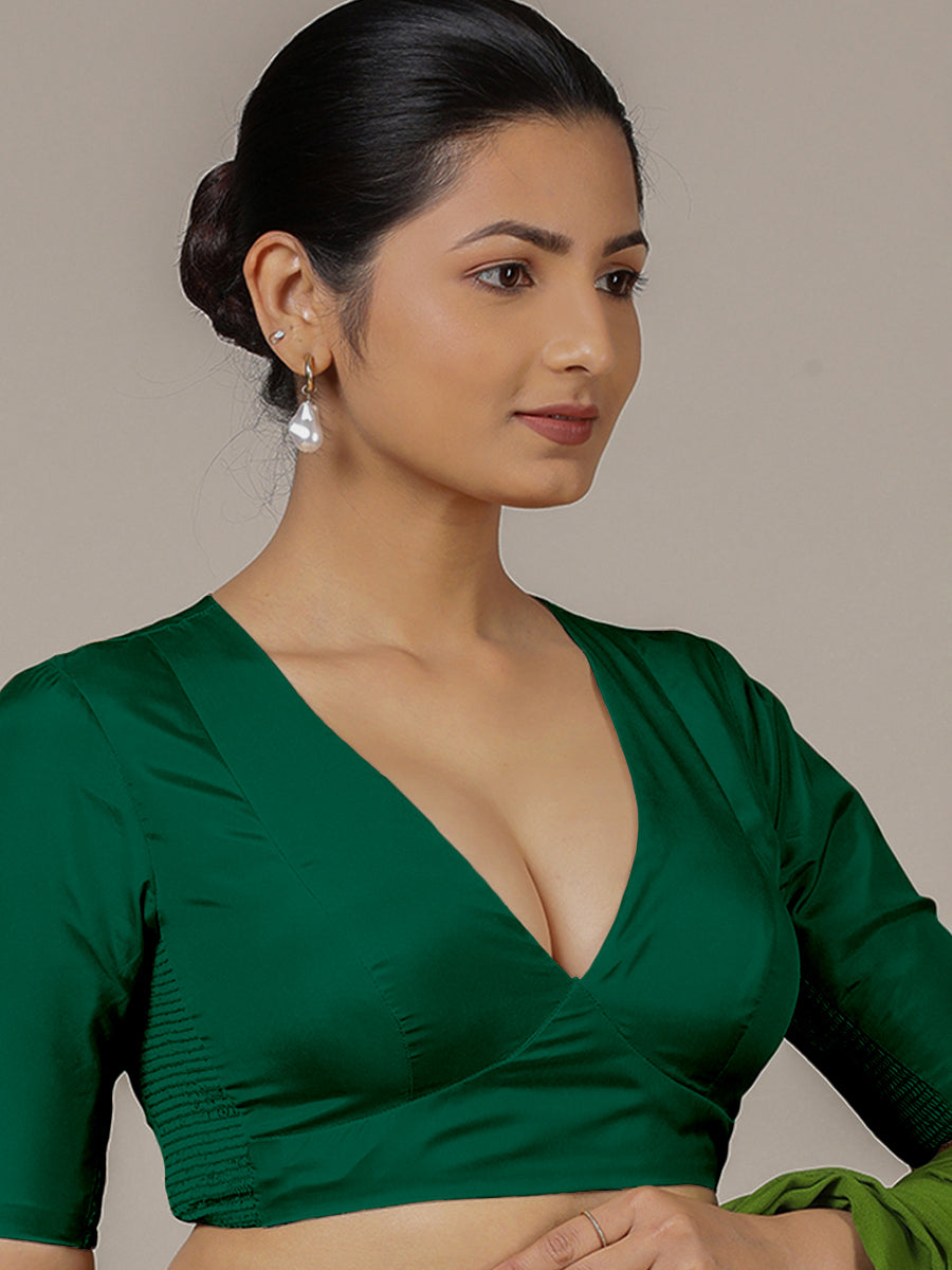 Zeenat x Rozaana Saree Blouse, in Green Vegan Silk, featuring elbow sleeves and v-neckline, made for party & festive (view 8).