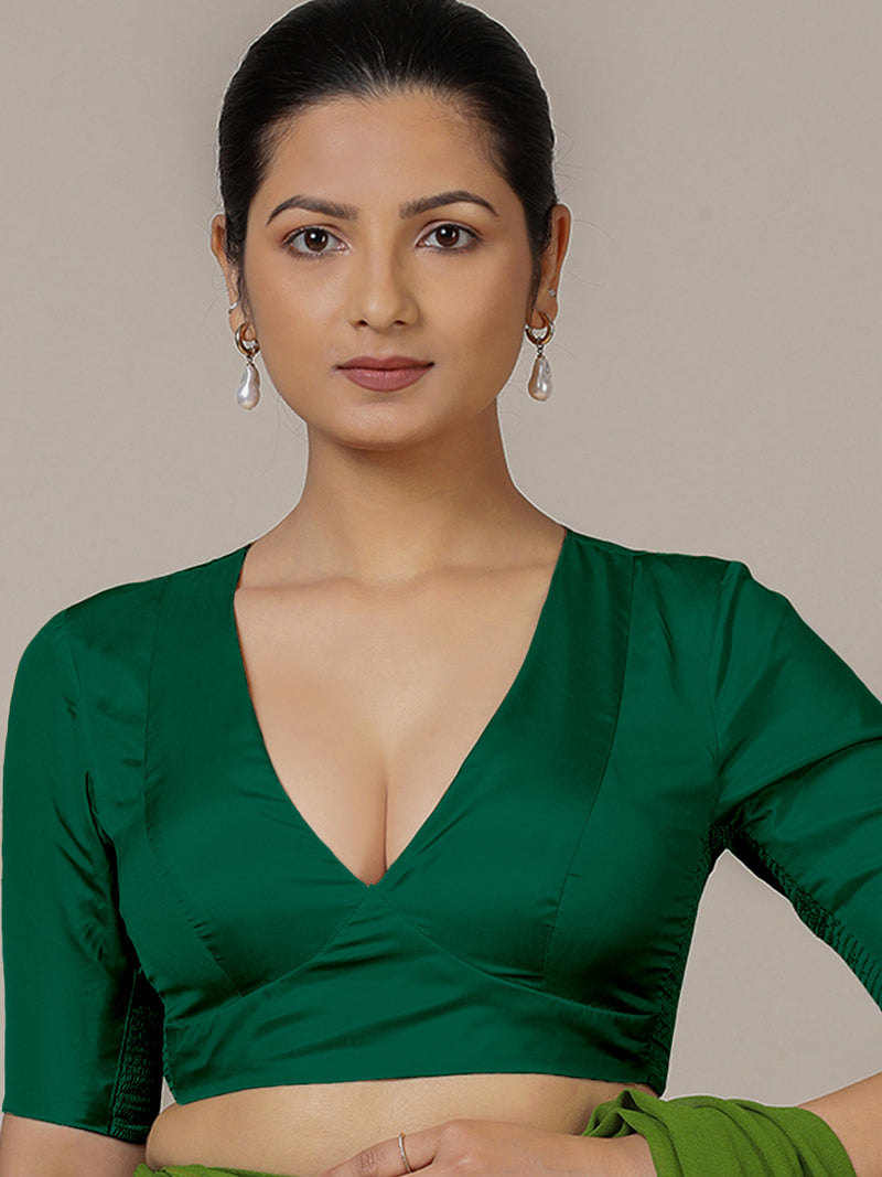 Zeenat x Rozaana | Bottle Green Elbow Sleeves FlexiFit™ Saree Blouse with Plunging Neckline-Binks