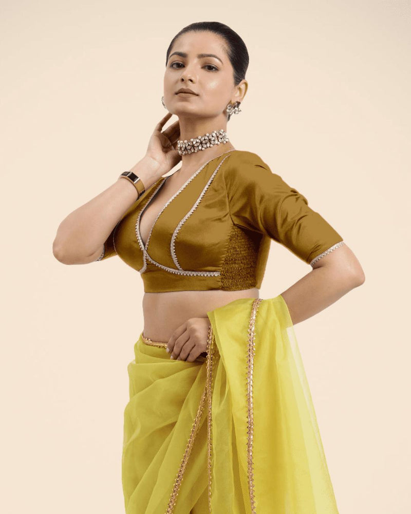 Zeenat x Tyohaar | Bronze Gold Saree Blouse w/ FlexiFit™ and Golden Gota Lace-Binks