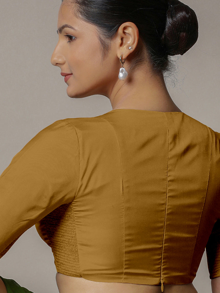 Zeenat x Rozaana Saree Blouse, in Gold Vegan Silk, featuring elbow sleeves and v-neckline, made for party & festive (view 2).
