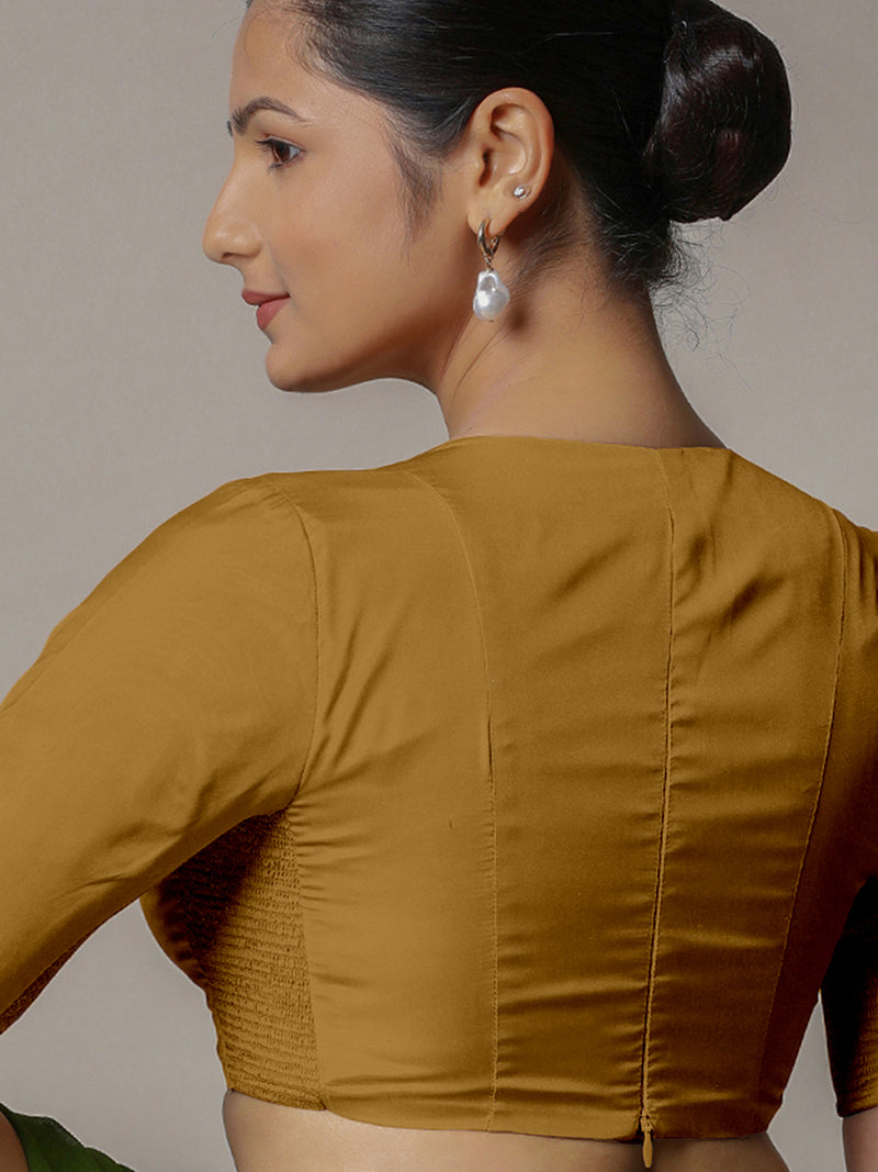 Zeenat x Rozaana | Bronze Gold Elbow Sleeves FlexiFit™ Saree Blouse with Plunging Neckline-Binks