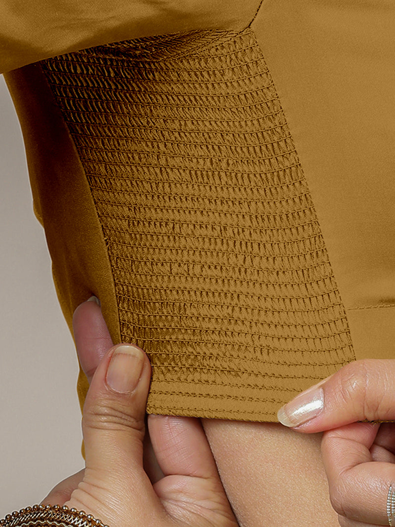 Zeenat x Rozaana | Bronze Gold Elbow Sleeves FlexiFit™ Saree Blouse with Plunging Neckline-Binks