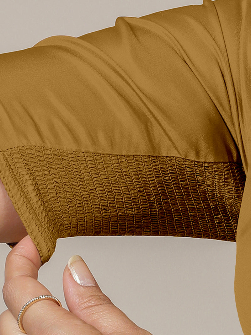 Zeenat x Rozaana | Bronze Gold Elbow Sleeves FlexiFit™ Saree Blouse with Plunging Neckline-Binks