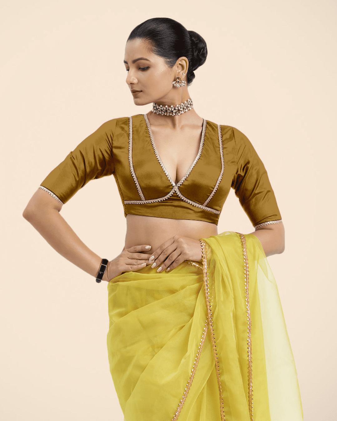 Zeenat x Tyohaar Saree Blouse, in Gold Vegan Silk, featuring elbow sleeves and v-neckline, made for party & festive (view 5).