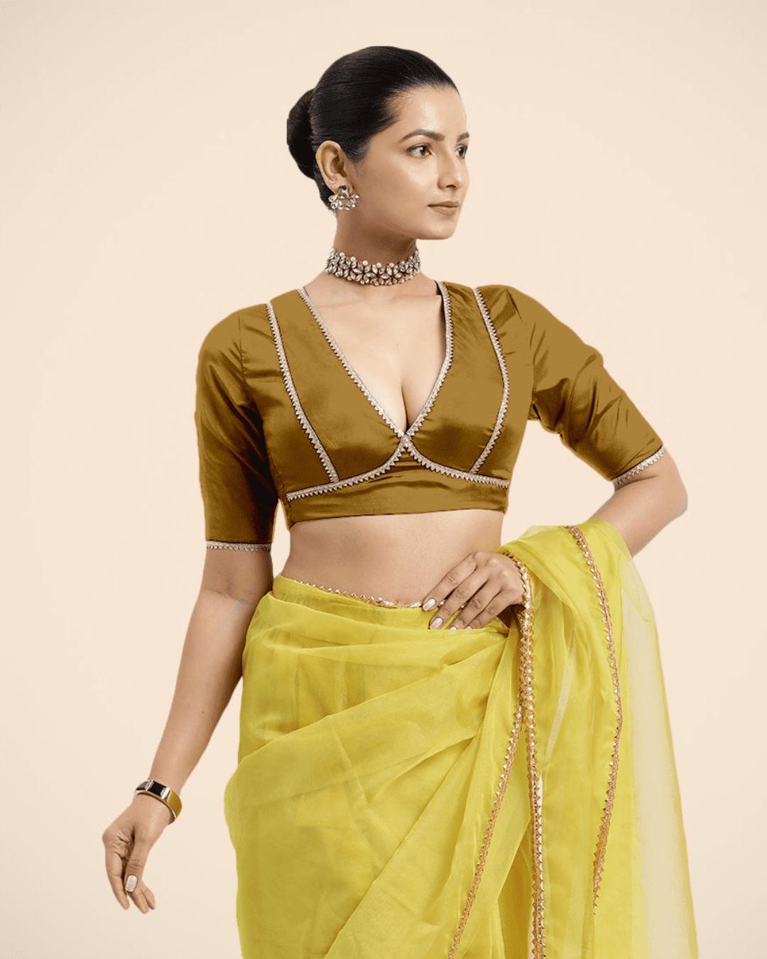 Zeenat x Tyohaar Saree Blouse, in Gold Vegan Silk, featuring elbow sleeves and v-neckline, made for party & festive (view 6).