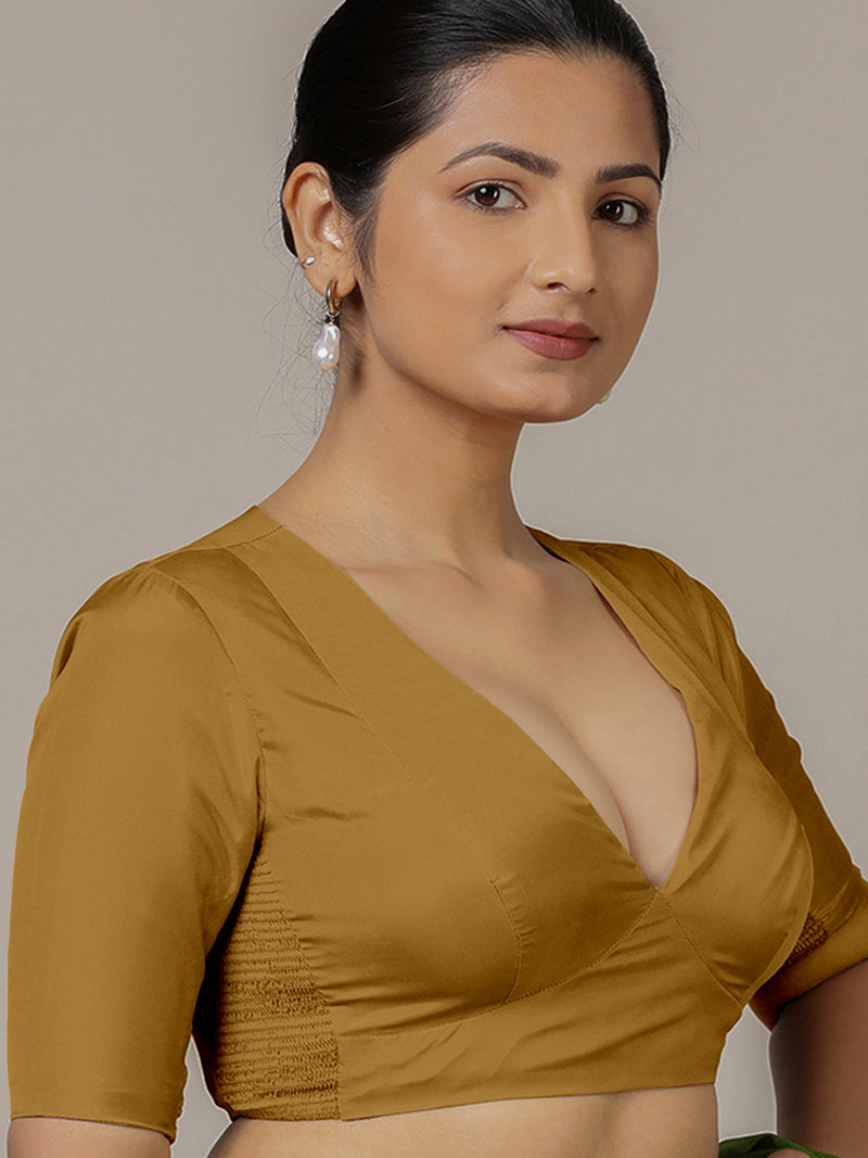 Zeenat x Rozaana | Bronze Gold Elbow Sleeves FlexiFit™ Saree Blouse with Plunging Neckline-Binks