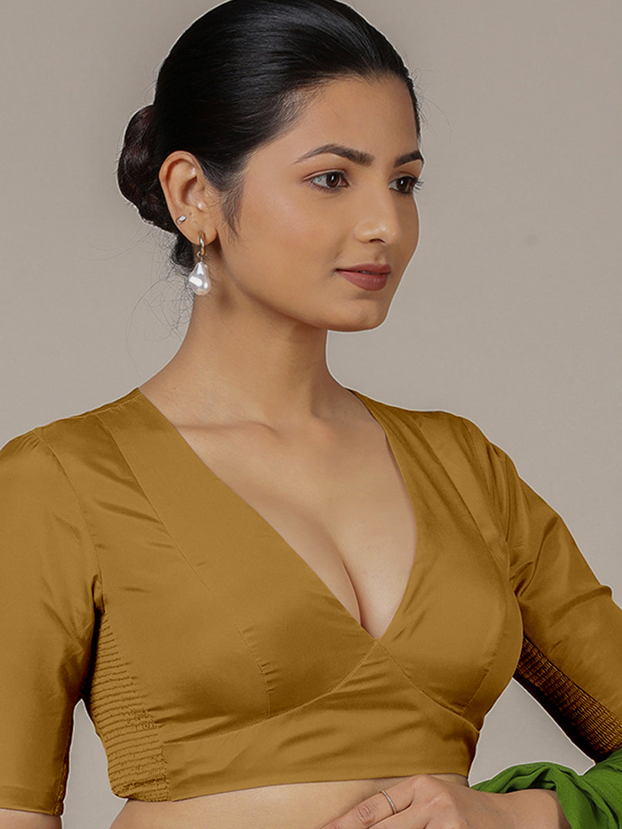 Zeenat x Rozaana Saree Blouse, in Gold Vegan Silk, featuring elbow sleeves and v-neckline, made for party & festive (view 8).