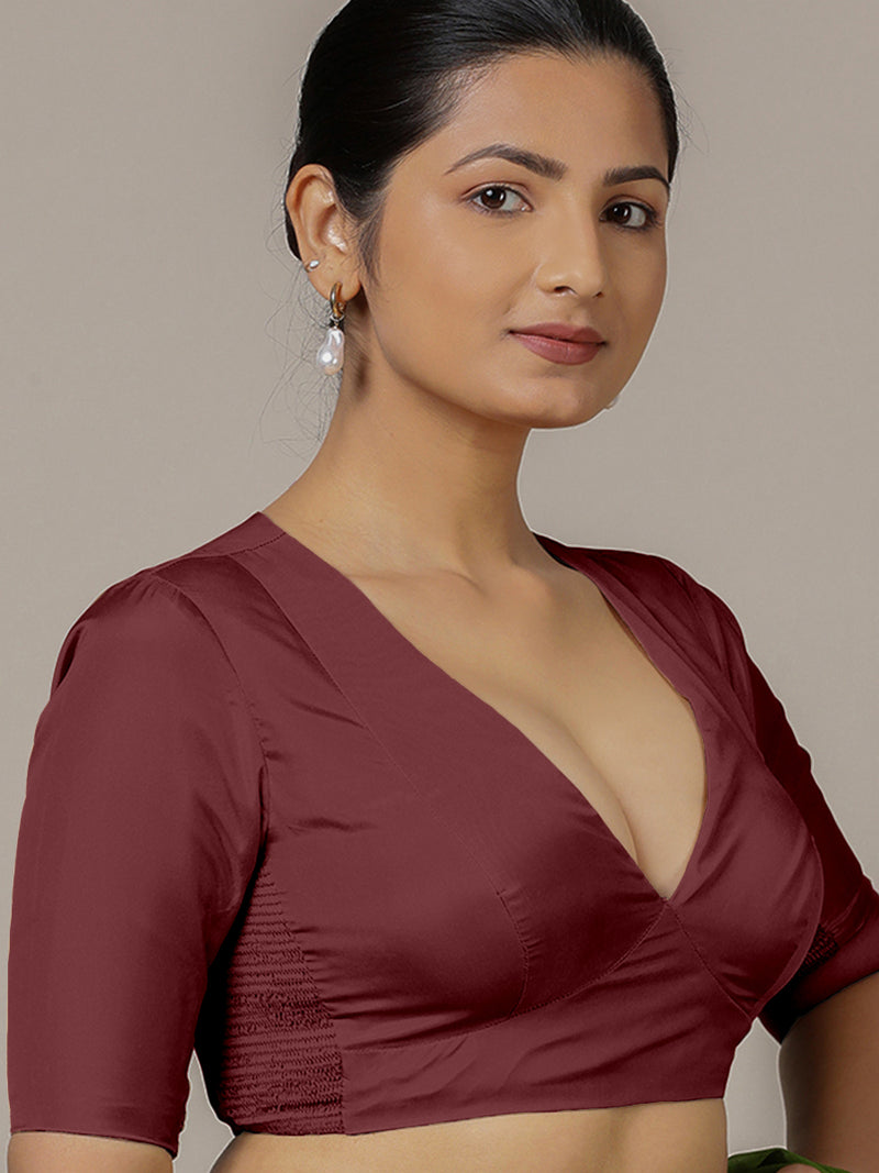 Zeenat x Rozaana | Burgundy Elbow Sleeves FlexiFit™ Saree Blouse with Plunging Neckline-Binks