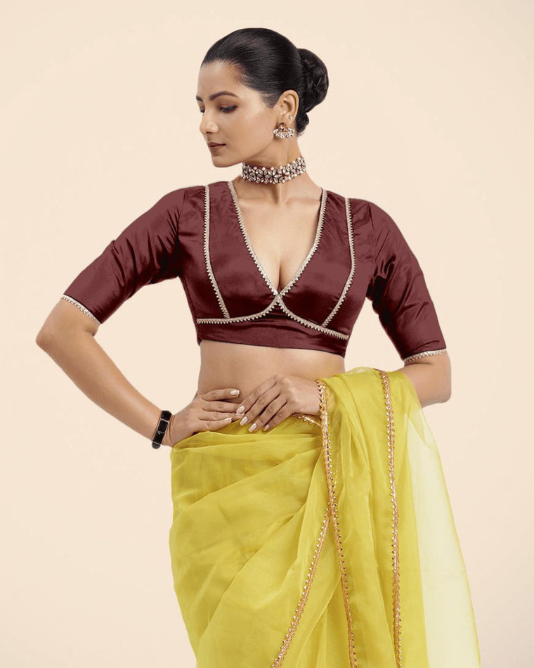 Zeenat x Tyohaar Saree Blouse, in Maroon Vegan Silk, featuring elbow sleeves and v-neckline, made for party & festive.