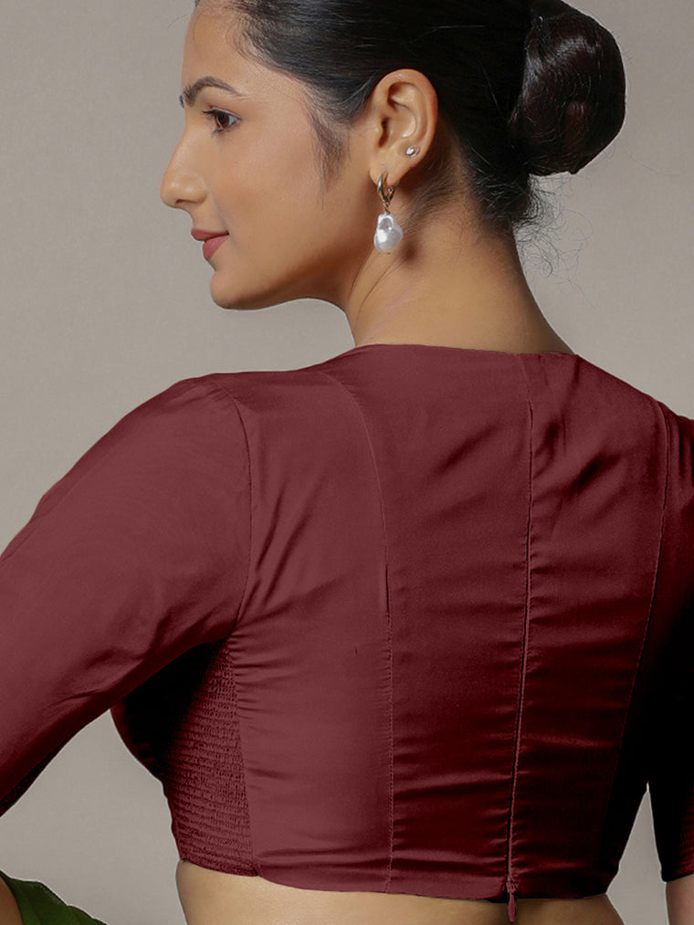 Zeenat x Rozaana Saree Blouse, in Maroon Vegan Silk, featuring elbow sleeves and v-neckline, made for party & festive (view 2).