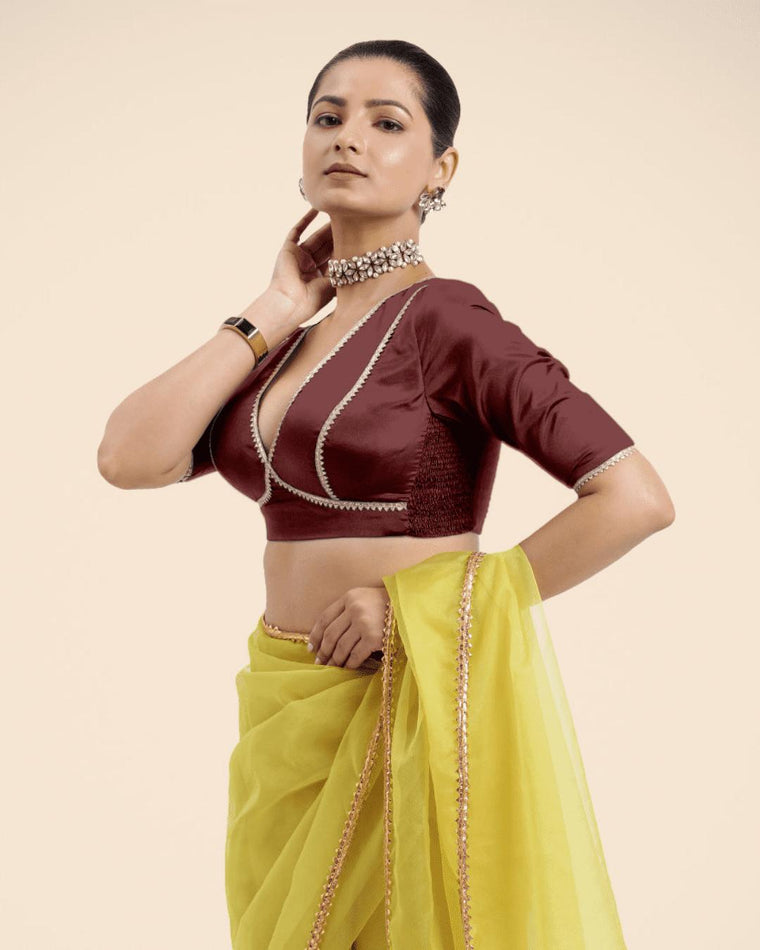 Zeenat x Tyohaar Saree Blouse, in Maroon Vegan Silk, featuring elbow sleeves and v-neckline, made for party & festive (view 2).